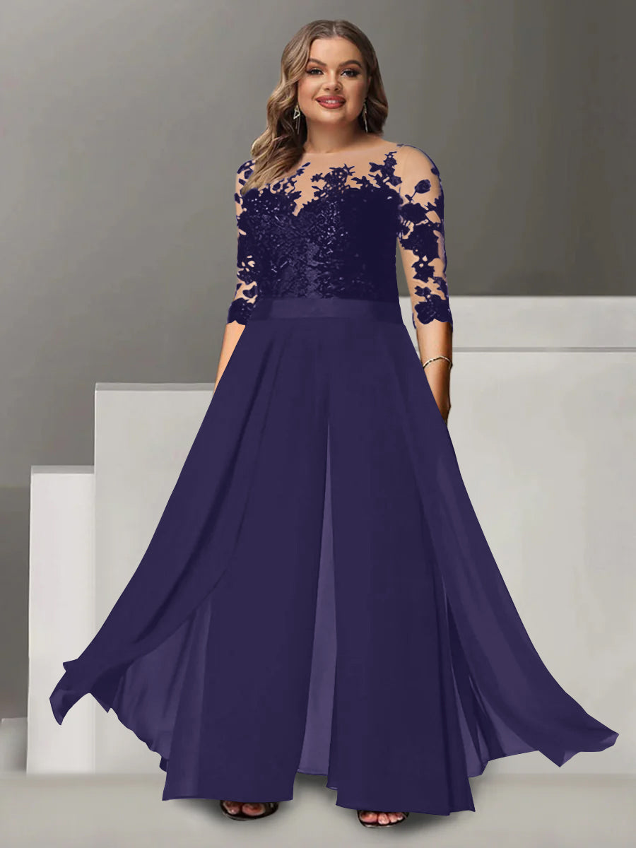 A-Line/Princess Jewel Neck 3/4 Length Sleeves Floor-Length Plus Size Mother of the Bride Pantsuits with Applique - 画像 (41)