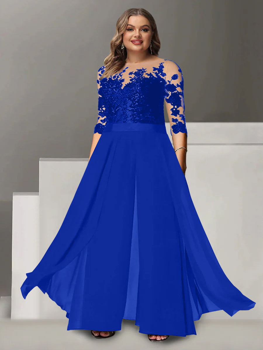 A-Line/Princess Jewel Neck 3/4 Length Sleeves Floor-Length Plus Size Mother of the Bride Pantsuits with Applique - 画像 (42)