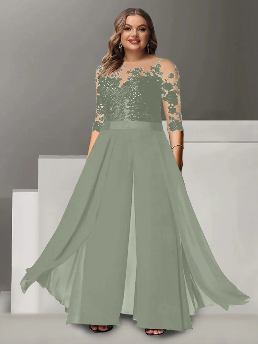A-Line/Princess Jewel Neck 3/4 Length Sleeves Floor-Length Plus Size Mother of the Bride Pantsuits with Applique - 画像 (43)