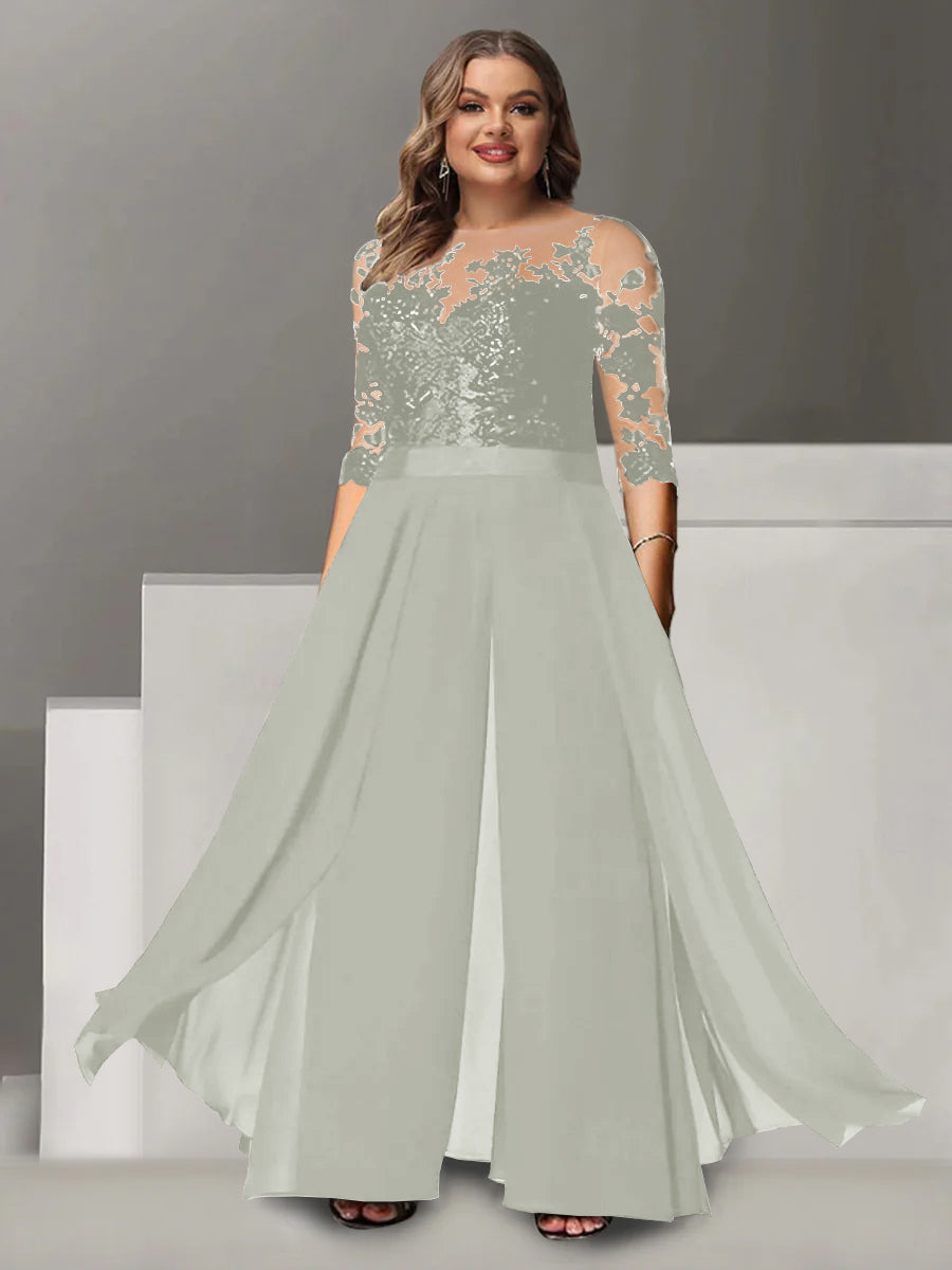 A-Line/Princess Jewel Neck 3/4 Length Sleeves Floor-Length Plus Size Mother of the Bride Pantsuits with Applique - 画像 (44)