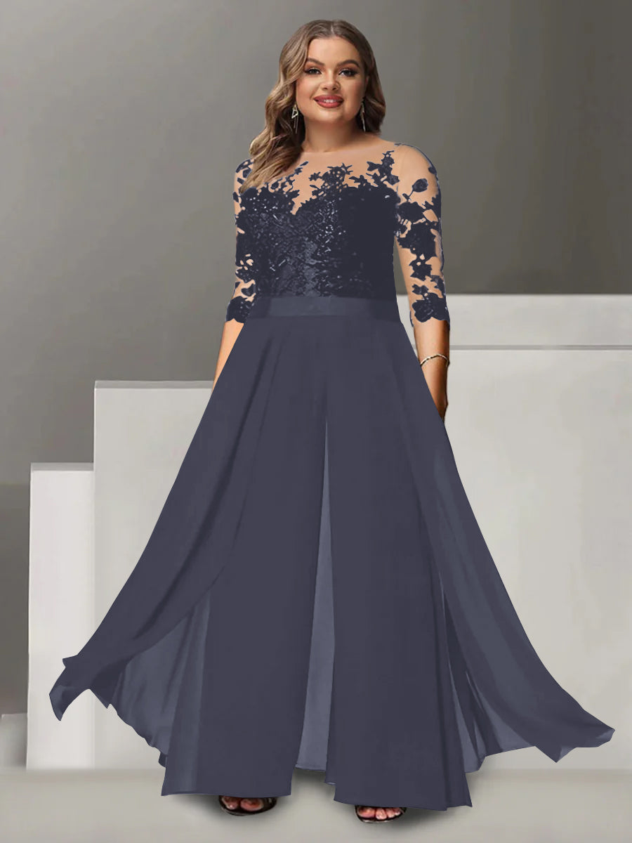 A-Line/Princess Jewel Neck 3/4 Length Sleeves Floor-Length Plus Size Mother of the Bride Pantsuits with Applique - 画像 (47)