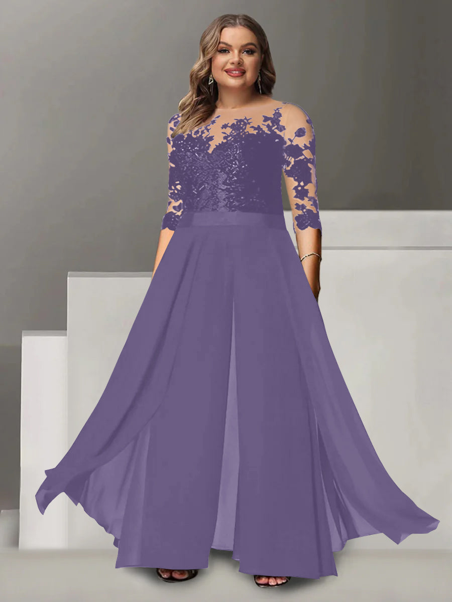 A-Line/Princess Jewel Neck 3/4 Length Sleeves Floor-Length Plus Size Mother of the Bride Pantsuits with Applique - 画像 (48)