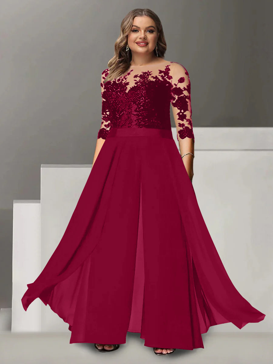 A-Line/Princess Jewel Neck 3/4 Length Sleeves Floor-Length Plus Size Mother of the Bride Pantsuits with Applique - 画像 (52)
