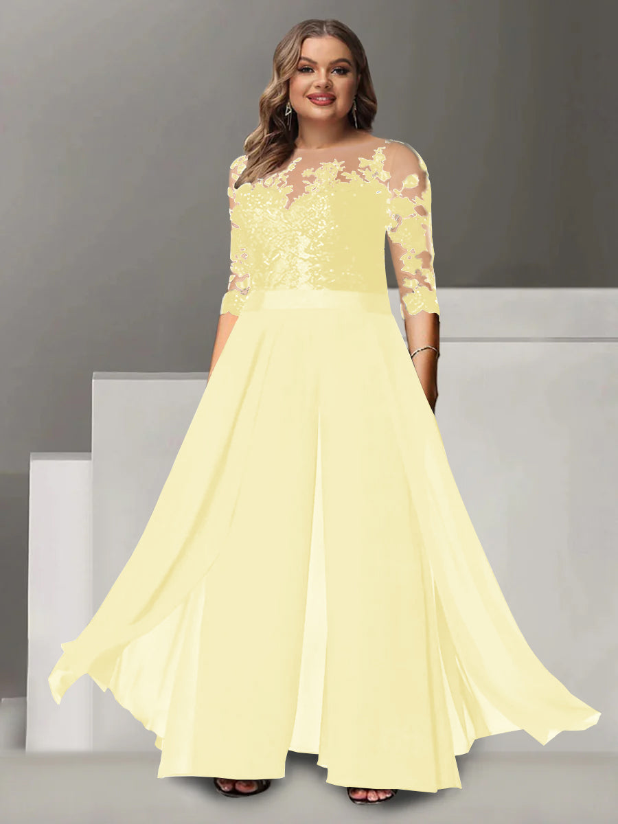 A-Line/Princess Jewel Neck 3/4 Length Sleeves Floor-Length Plus Size Mother of the Bride Pantsuits with Applique - 画像 (54)