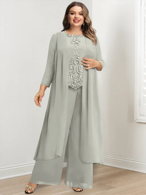 Chiffon Round Neck Floor-Length Plus Size Mother Of The Bride Pantsuits With Jacket & Applique - 画像 (47)