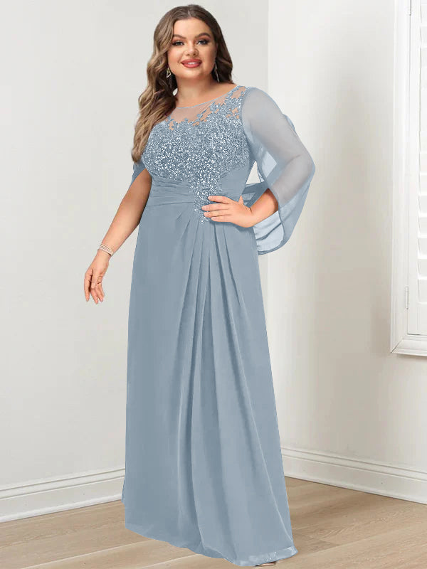 A-Line/Princess Scoop Floor-Length Plus Size Mother of the Bride Dresses with Pleated & Sequins - 画像 (10)