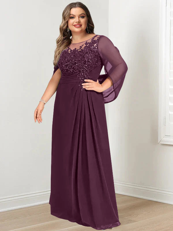 A-Line/Princess Scoop Floor-Length Plus Size Mother of the Bride Dresses with Pleated & Sequins - 画像 (19)