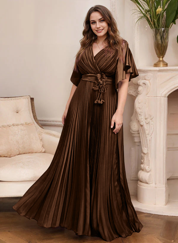 A-Line/Princess V-Neck Short Sleeves Mother of the Bride Dresses with Belt - 画像 (28)