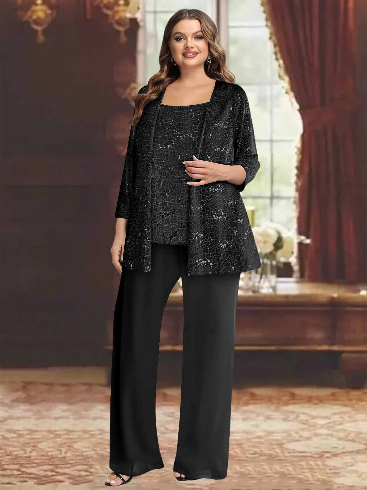 Chiffon Plus Size Mother of the Bride Pantsuits with Jacket & Sequins - 画像 (3)