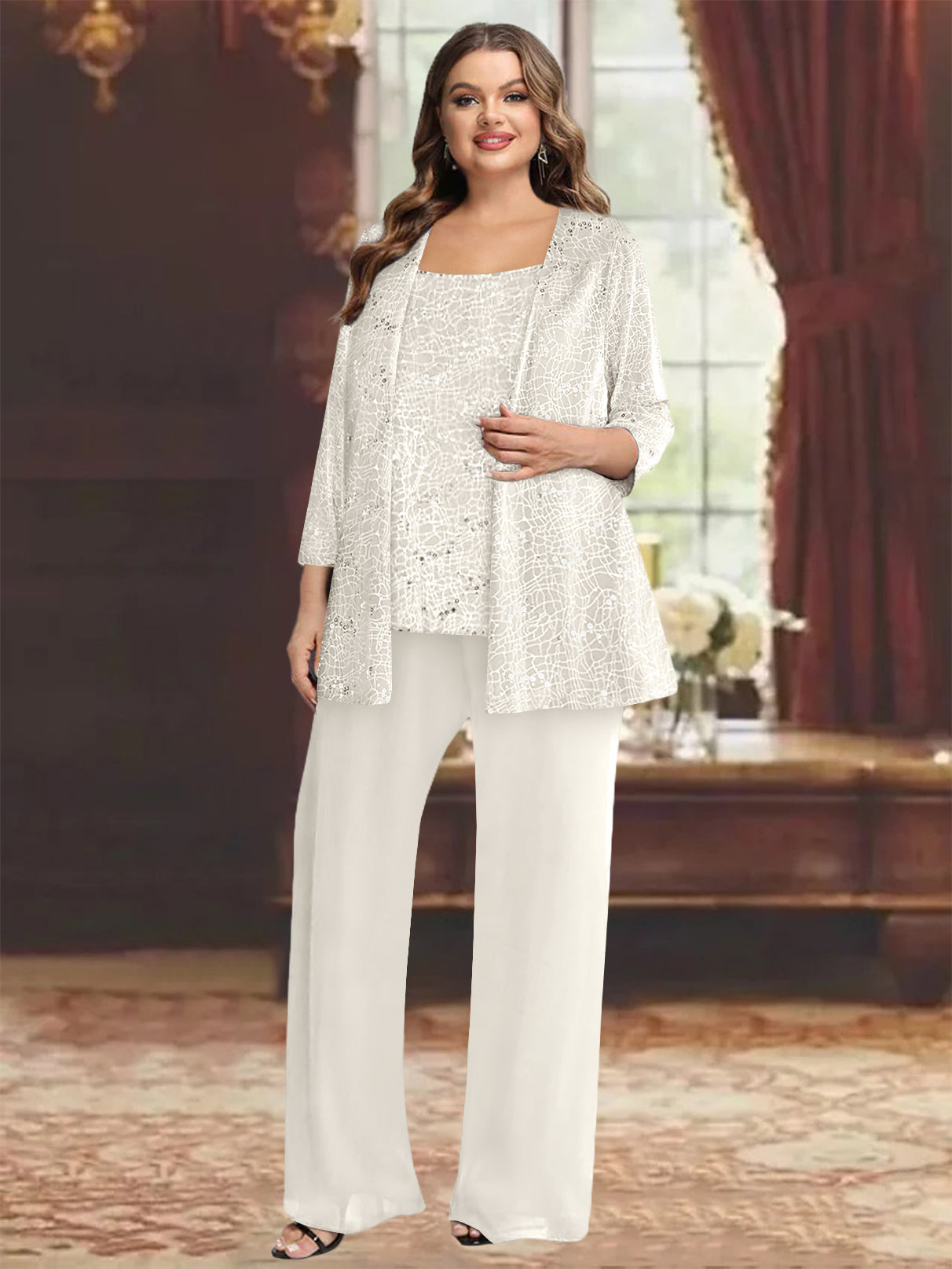 Chiffon Plus Size Mother of the Bride Pantsuits with Jacket & Sequins - 画像 (42)
