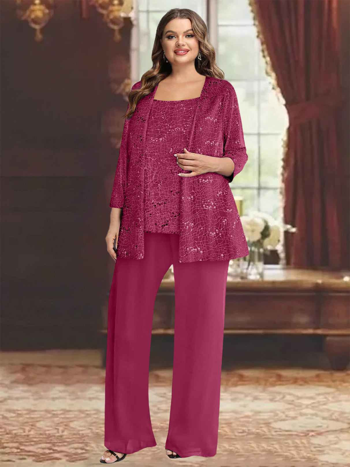Chiffon Plus Size Mother of the Bride Pantsuits with Jacket & Sequins - 画像 (24)