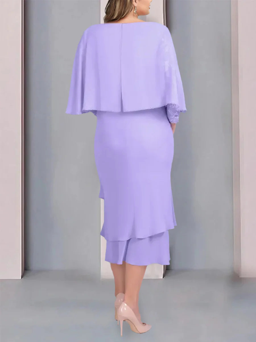 Sheath/Column Scoop Short Sleeves Tea-Length Plus Size Mother of the Bride Dresses with Appliques & Lace - 画像 (2)