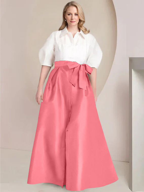 A-Line/Princess Shirt Collar Short Sleeves Floor-Length Plus Size Mother Of The Bride Dresses with Bowknot - 画像 (7)