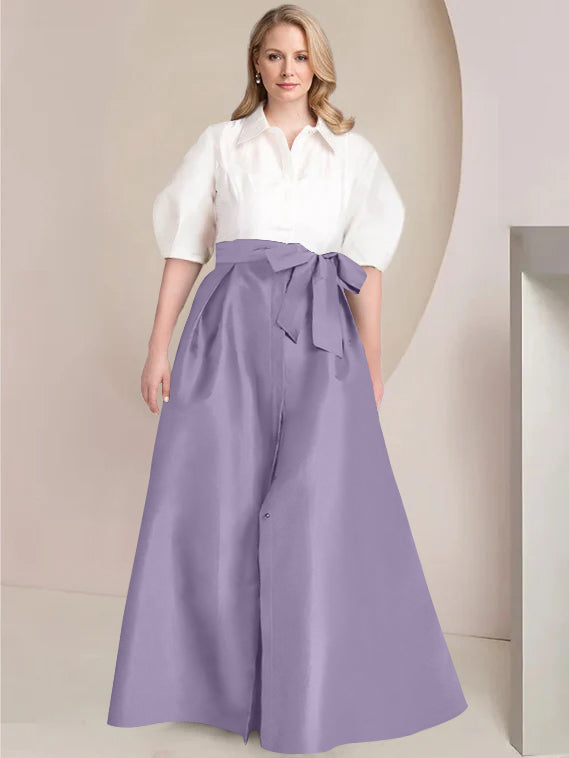 A-Line/Princess Shirt Collar Short Sleeves Floor-Length Plus Size Mother Of The Bride Dresses with Bowknot - 画像 (27)