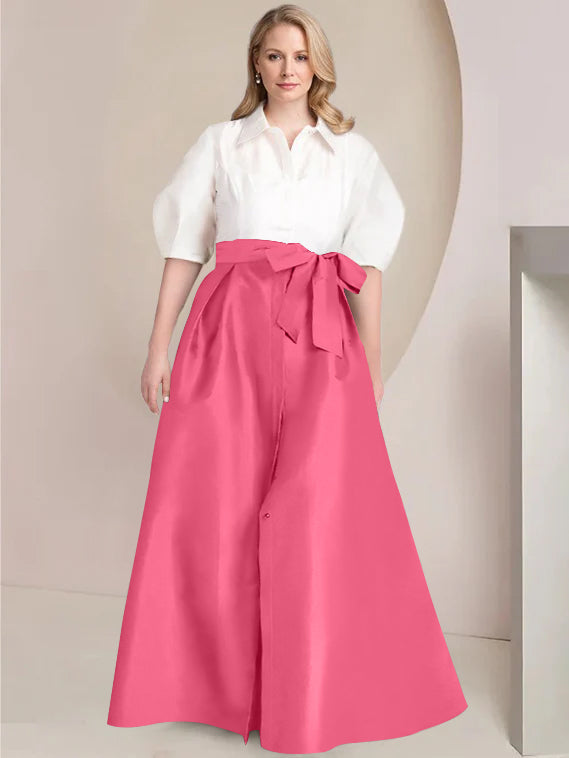 A-Line/Princess Shirt Collar Short Sleeves Floor-Length Plus Size Mother Of The Bride Dresses with Bowknot - 画像 (14)