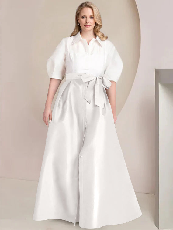 A-Line/Princess Shirt Collar Short Sleeves Floor-Length Plus Size Mother Of The Bride Dresses with Bowknot - 画像 (34)