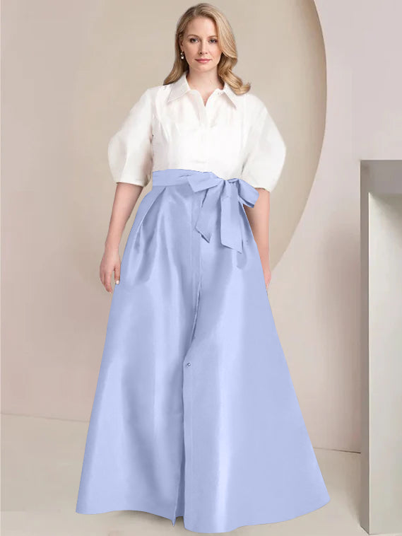 A-Line/Princess Shirt Collar Short Sleeves Floor-Length Plus Size Mother Of The Bride Dresses with Bowknot - 画像 (35)