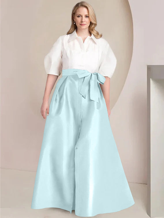 A-Line/Princess Shirt Collar Short Sleeves Floor-Length Plus Size Mother Of The Bride Dresses with Bowknot - 画像 (36)