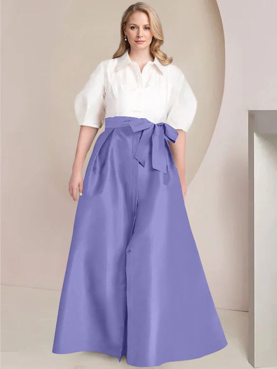 A-Line/Princess Shirt Collar Short Sleeves Floor-Length Plus Size Mother Of The Bride Dresses with Bowknot - 画像 (40)