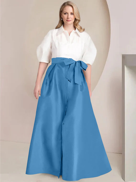 A-Line/Princess Shirt Collar Short Sleeves Floor-Length Plus Size Mother Of The Bride Dresses with Bowknot - 画像 (41)