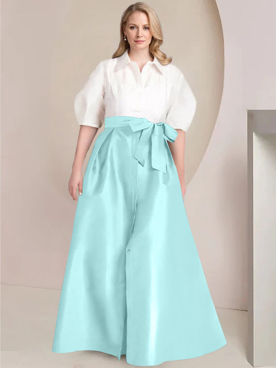 A-Line/Princess Shirt Collar Short Sleeves Floor-Length Plus Size Mother Of The Bride Dresses with Bowknot - 画像 (42)