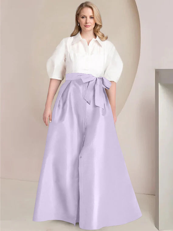 A-Line/Princess Shirt Collar Short Sleeves Floor-Length Plus Size Mother Of The Bride Dresses with Bowknot - 画像 (43)