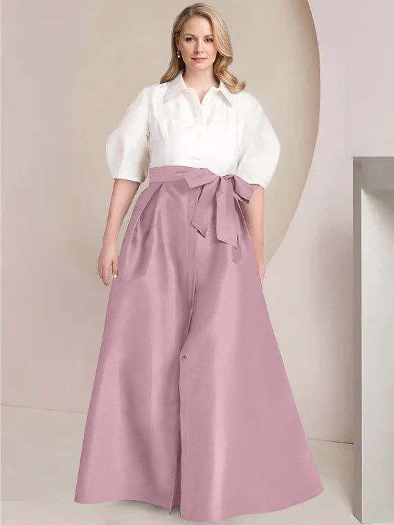 A-Line/Princess Shirt Collar Short Sleeves Floor-Length Plus Size Mother Of The Bride Dresses with Bowknot - 画像 (44)