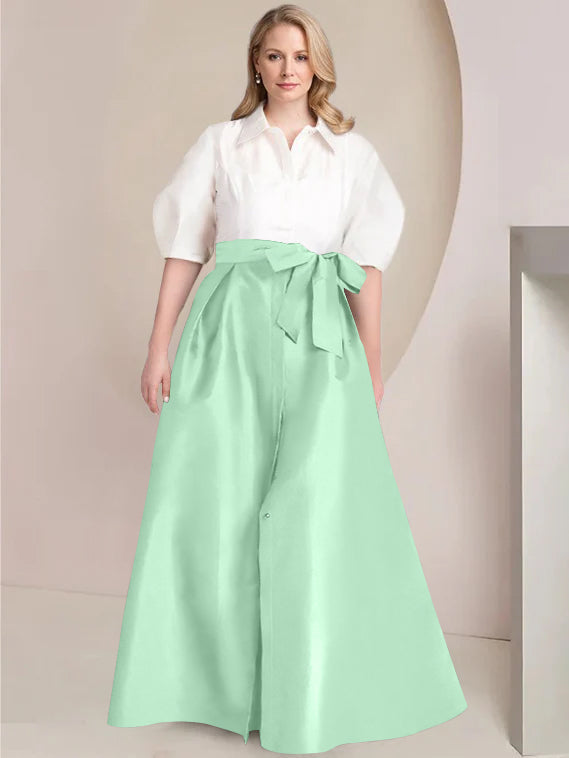 A-Line/Princess Shirt Collar Short Sleeves Floor-Length Plus Size Mother Of The Bride Dresses with Bowknot - 画像 (46)