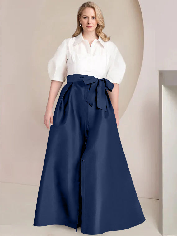 A-Line/Princess Shirt Collar Short Sleeves Floor-Length Plus Size Mother Of The Bride Dresses with Bowknot - 画像 (49)