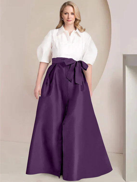 A-Line/Princess Shirt Collar Short Sleeves Floor-Length Plus Size Mother Of The Bride Dresses with Bowknot - 画像 (56)