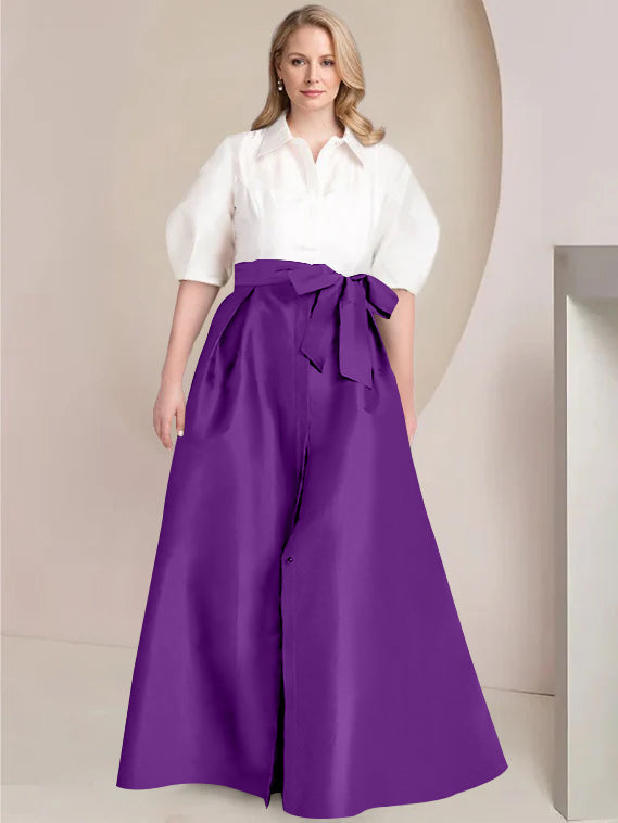 A-Line/Princess Shirt Collar Short Sleeves Floor-Length Plus Size Mother Of The Bride Dresses with Bowknot - 画像 (57)