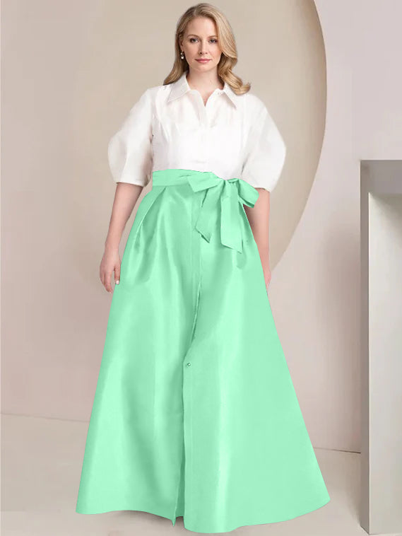 A-Line/Princess Shirt Collar Short Sleeves Floor-Length Plus Size Mother Of The Bride Dresses with Bowknot - 画像 (61)