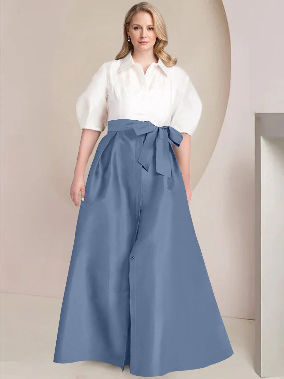 A-Line/Princess Shirt Collar Short Sleeves Floor-Length Plus Size Mother Of The Bride Dresses with Bowknot - 画像 (22)
