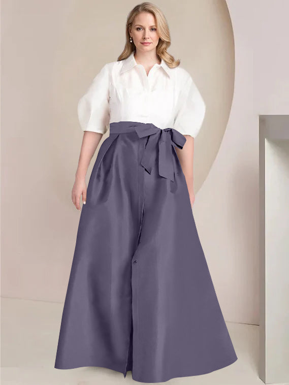 A-Line/Princess Shirt Collar Short Sleeves Floor-Length Plus Size Mother Of The Bride Dresses with Bowknot - 画像 (62)