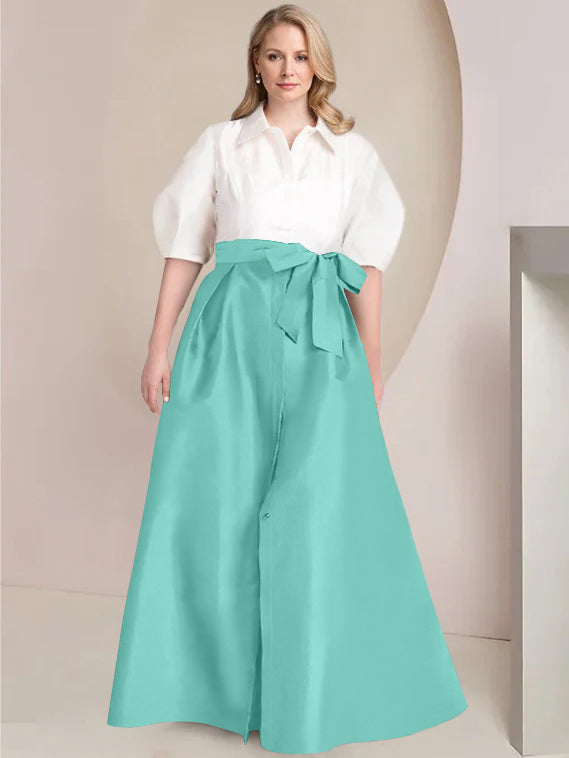 A-Line/Princess Shirt Collar Short Sleeves Floor-Length Plus Size Mother Of The Bride Dresses with Bowknot - 画像 (65)