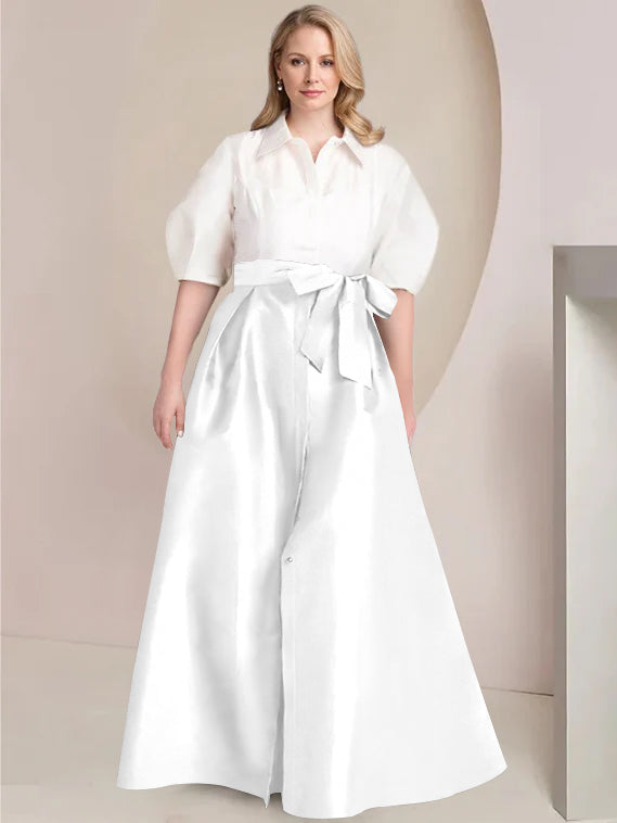 A-Line/Princess Shirt Collar Short Sleeves Floor-Length Plus Size Mother Of The Bride Dresses with Bowknot - 画像 (66)