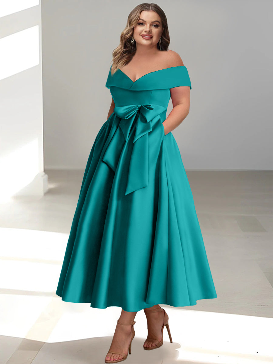 A-Line/Princess Off-the-Shoulder Sleeveless Ankle-Length Plus Size Mother of the Bride Dresses with Pockets - Image 23