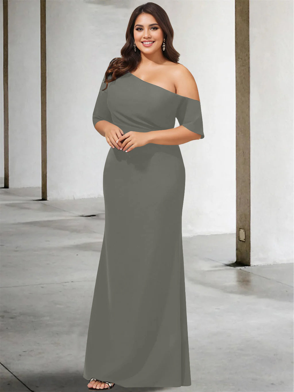 A-Line/Princess One-Shoulder 3/4 Length Sleeves Pure Color Plus Size Floor-Length Mother of the Bride Dresses - 画像 (39)