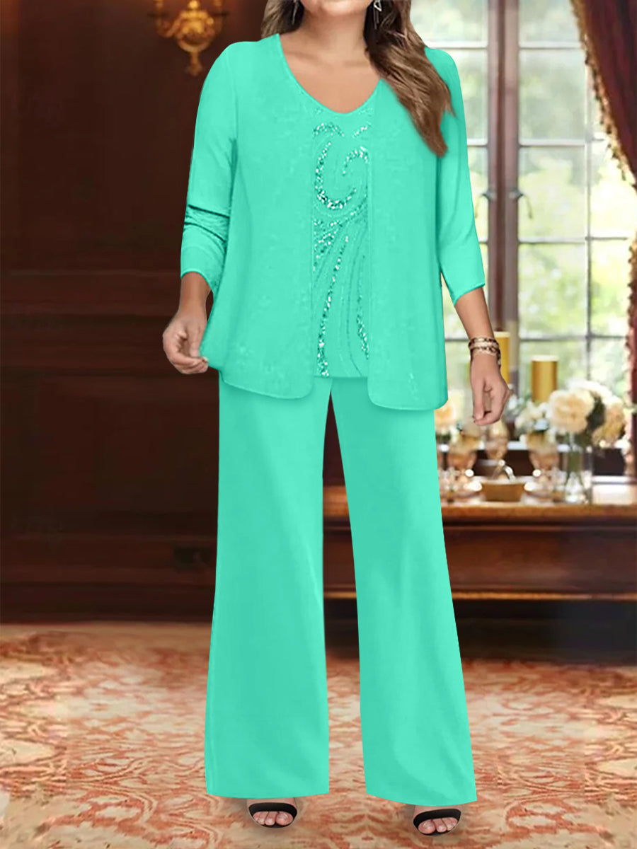 Chiffon V-Neck Floor-Length 3 Pieces Plus Size Mother of the Bride Pantsuits with Jacket & Sequins Beading - 画像 (50)