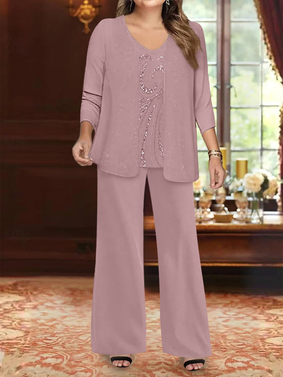 Chiffon V-Neck Floor-Length 3 Pieces Plus Size Mother of the Bride Pantsuits with Jacket & Sequins Beading - 画像 (54)