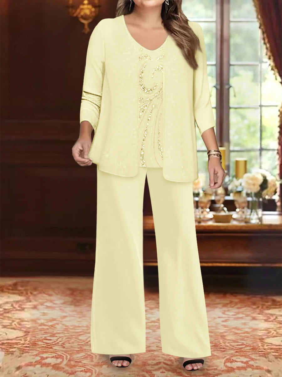 Chiffon V-Neck Floor-Length 3 Pieces Plus Size Mother of the Bride Pantsuits with Jacket & Sequins Beading - 画像 (23)