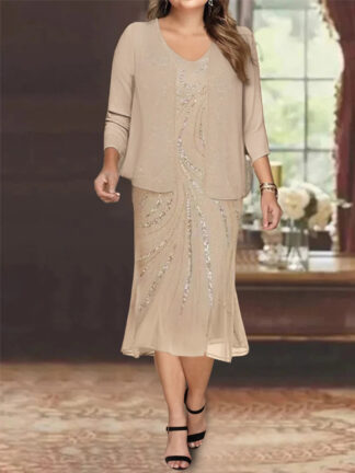 Chiffon 2 Pieces V-Neck Knee-Length Plus Size Mother of the Bride Dresses with Jacket & Sequins Beading
