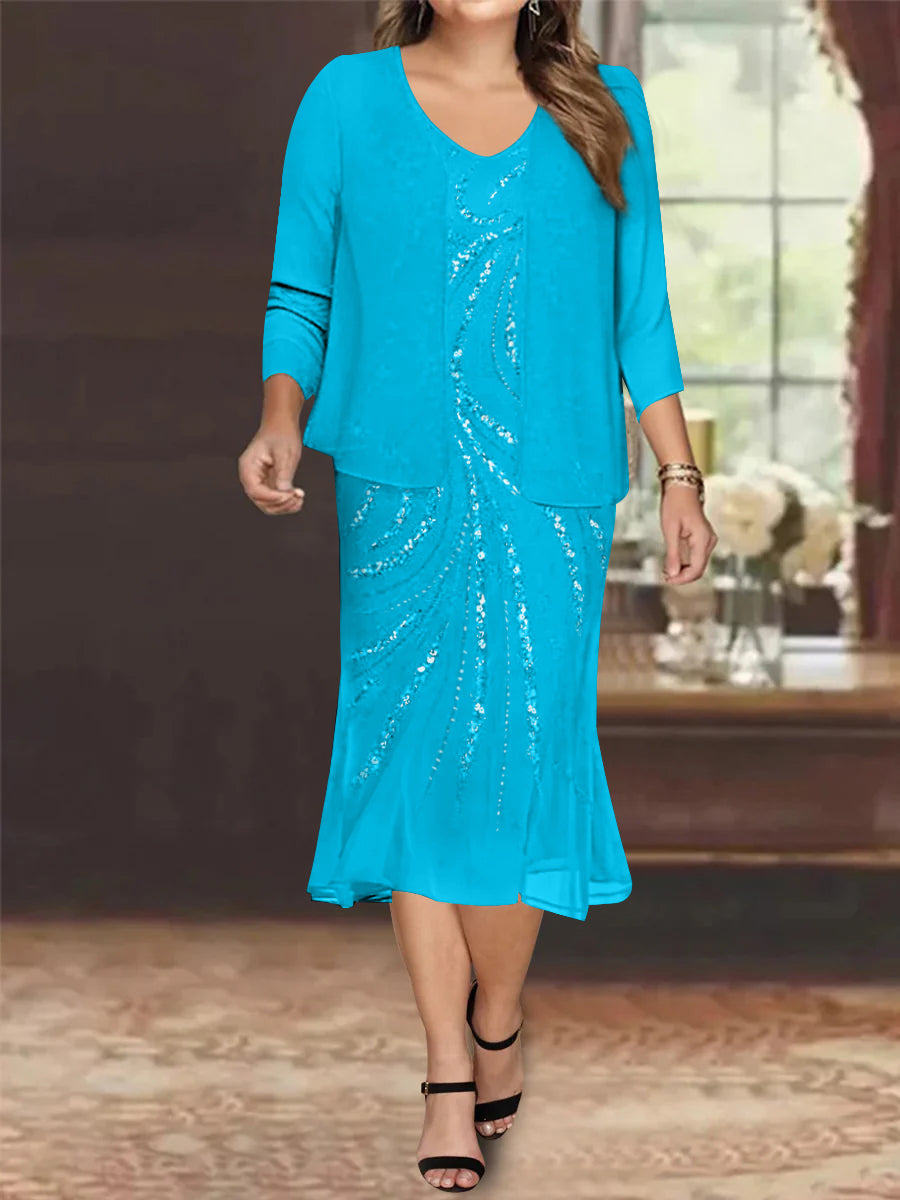 Chiffon 2 Pieces V-Neck Knee-Length Plus Size Mother of the Bride Dresses with Jacket & Sequins Beading - Image 32