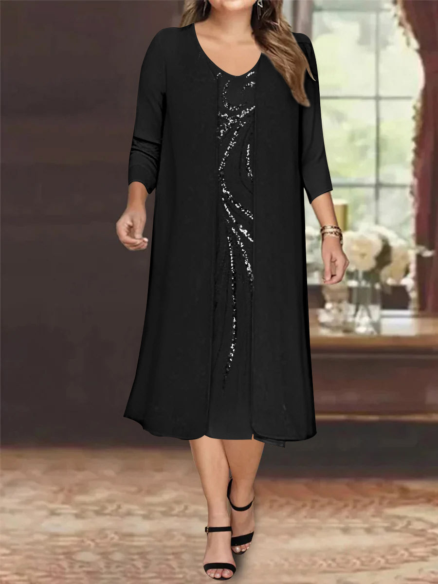 Sheath/Column V-Neck Long Sleeves Tea-Length Plus Size Mother of the Bride Dresses with Jacket & Sequins Beading - 画像 (2)
