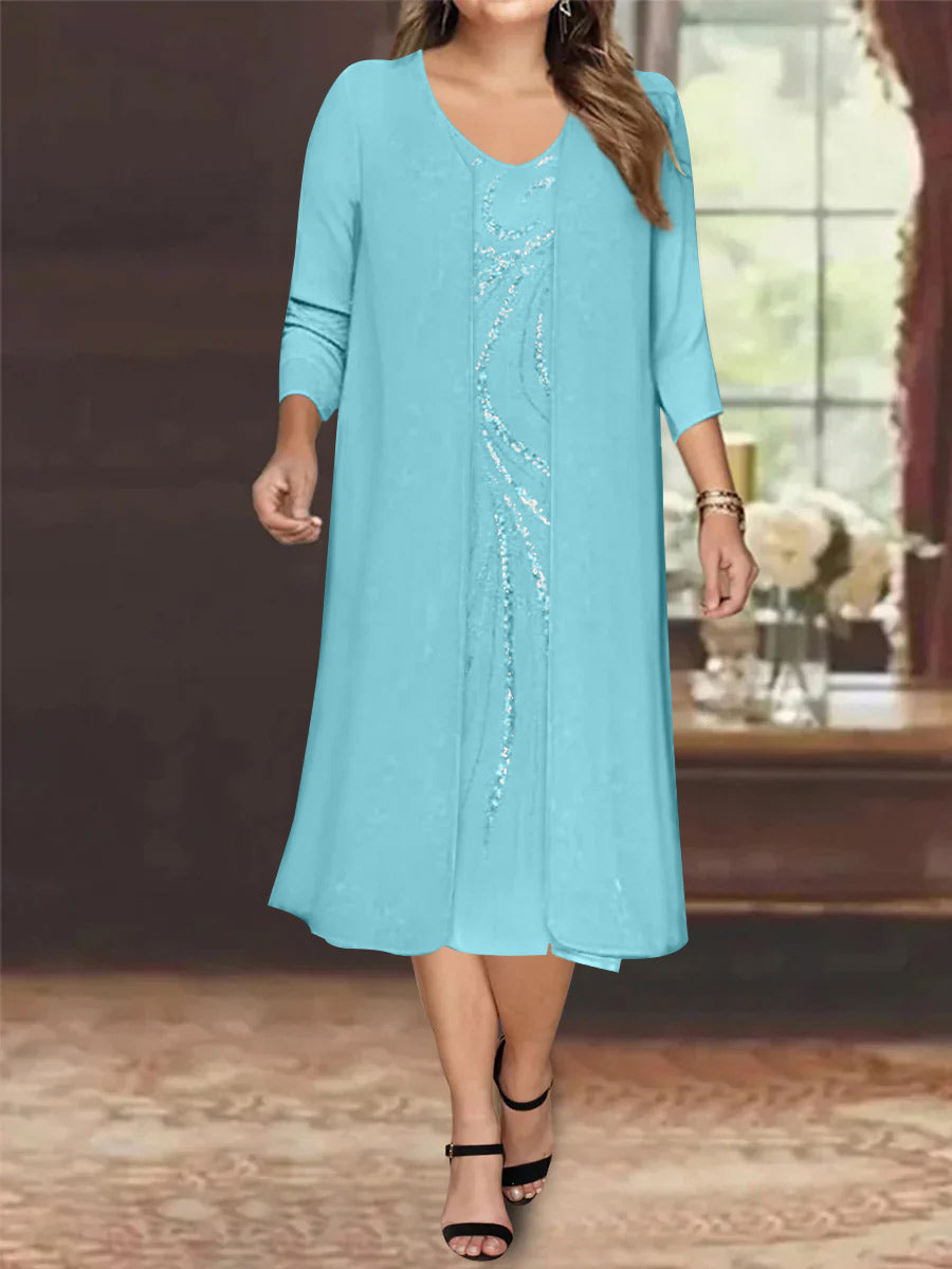 Sheath/Column V-Neck Long Sleeves Tea-Length Plus Size Mother of the Bride Dresses with Jacket & Sequins Beading - 画像 (3)