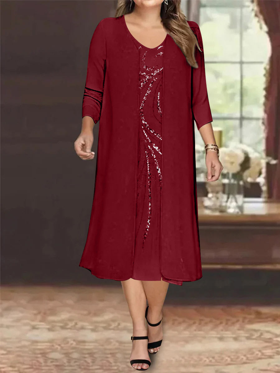 Sheath/Column V-Neck Long Sleeves Tea-Length Plus Size Mother of the Bride Dresses with Jacket & Sequins Beading - 画像 (4)