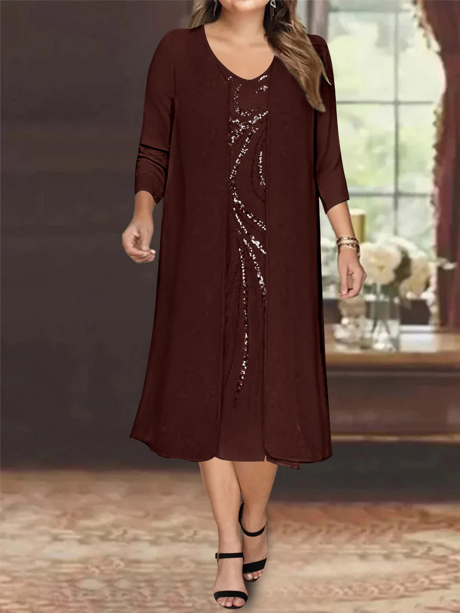 Sheath/Column V-Neck Long Sleeves Tea-Length Plus Size Mother of the Bride Dresses with Jacket & Sequins Beading - 画像 (5)