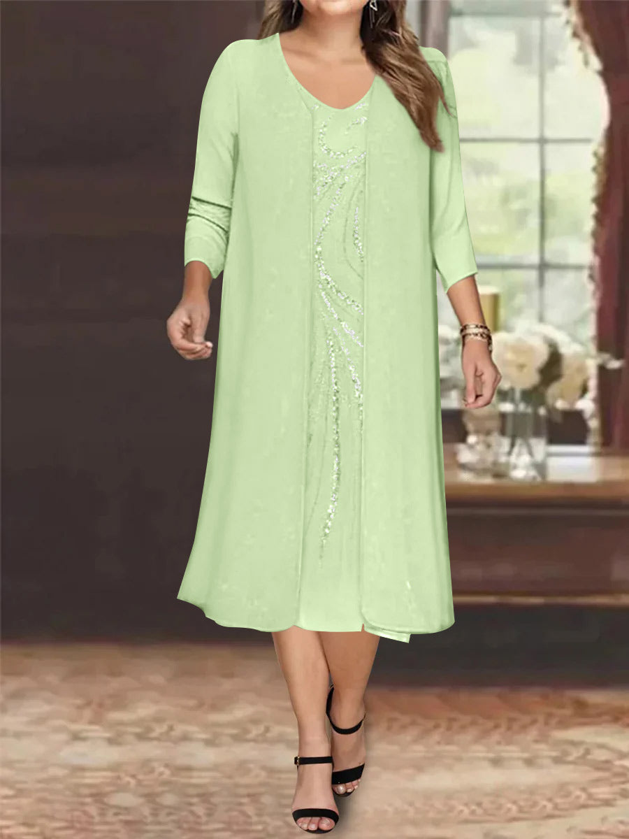 Sheath/Column V-Neck Long Sleeves Tea-Length Plus Size Mother of the Bride Dresses with Jacket & Sequins Beading - 画像 (6)