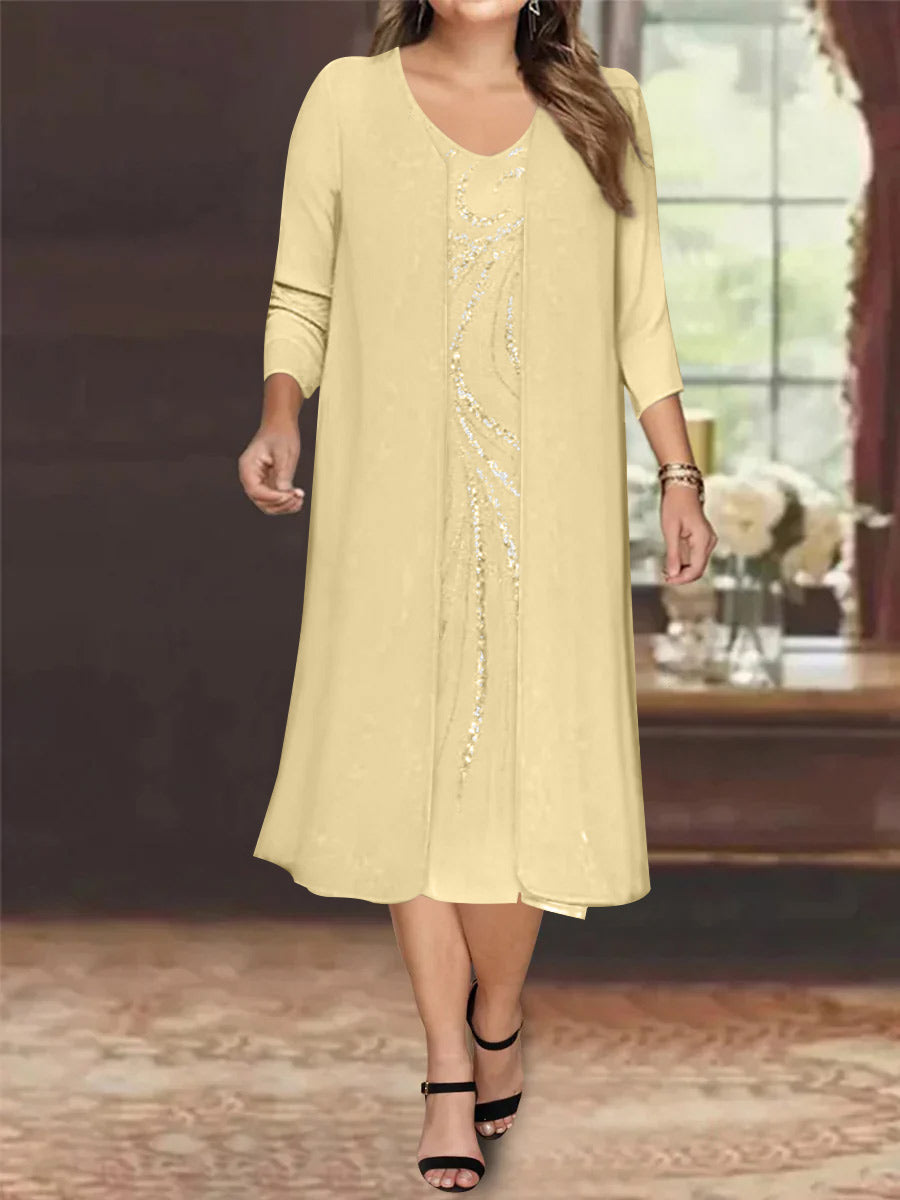 Sheath/Column V-Neck Long Sleeves Tea-Length Plus Size Mother of the Bride Dresses with Jacket & Sequins Beading - 画像 (7)