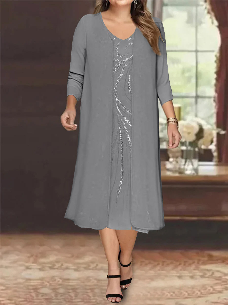 Sheath/Column V-Neck Long Sleeves Tea-Length Plus Size Mother of the Bride Dresses with Jacket & Sequins Beading - 画像 (8)